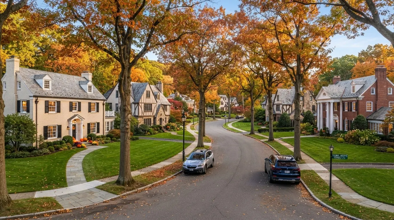 Colonial homes on a tree-lined street in southern Westchester