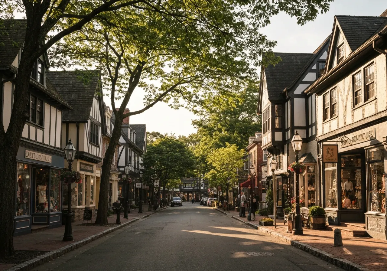 Tudor-style shops along a street in the Village of Bronxville