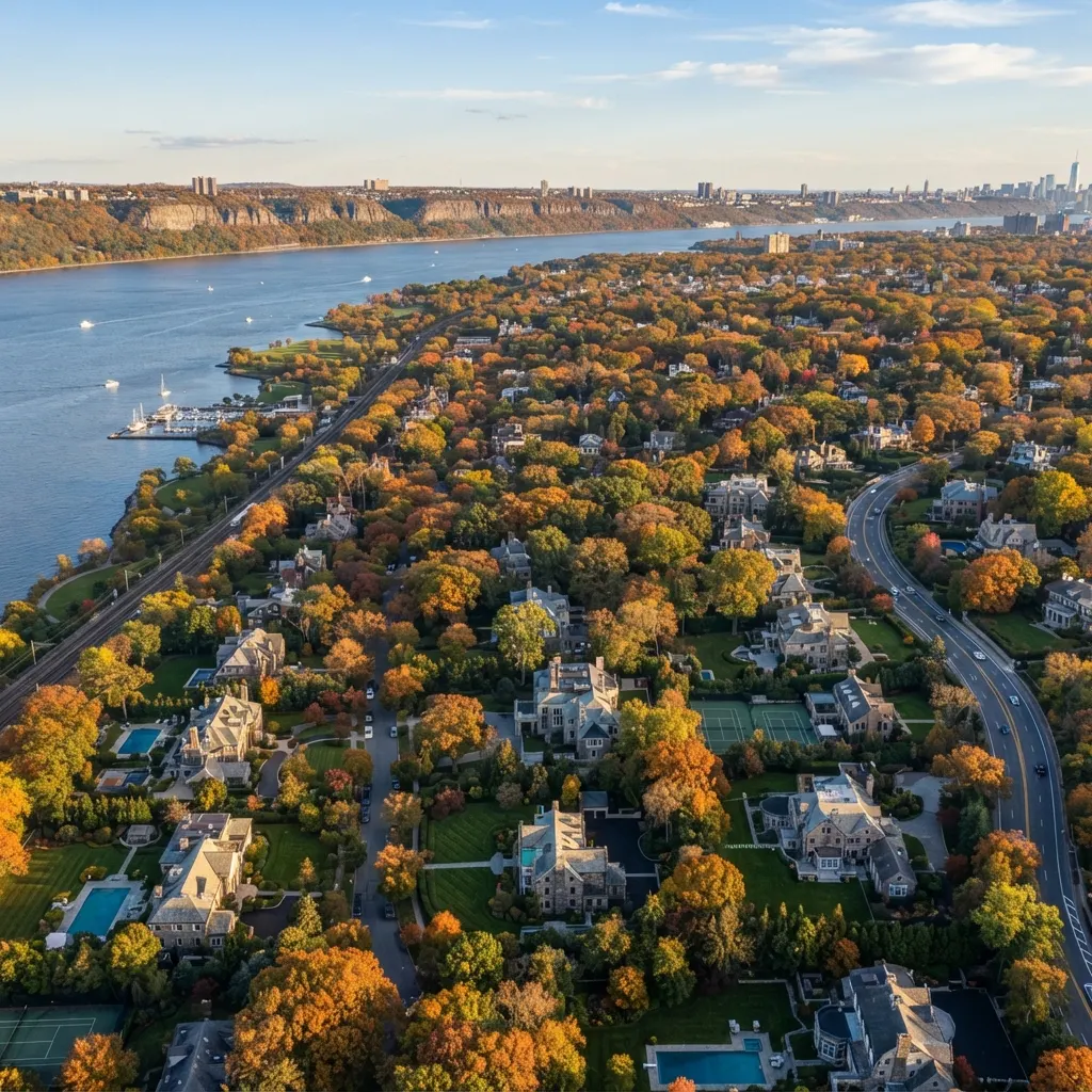 Riverdale homes along the Hudson River in autumn